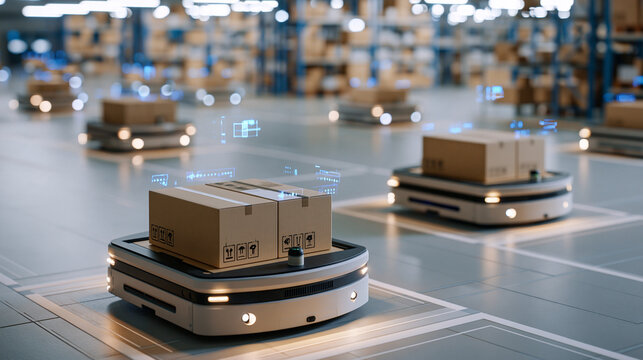 Elevated view of autonomous mobile robots carrying boxes on individual platforms within a clean warehouse layout clearly separated routes and small navigation sensors on each vehicle