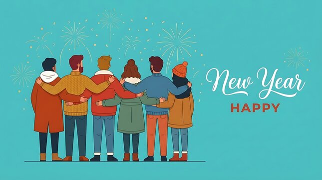 Group of friends standing together with arms around each other watching fireworks on new year with looking fireworks against against teal background