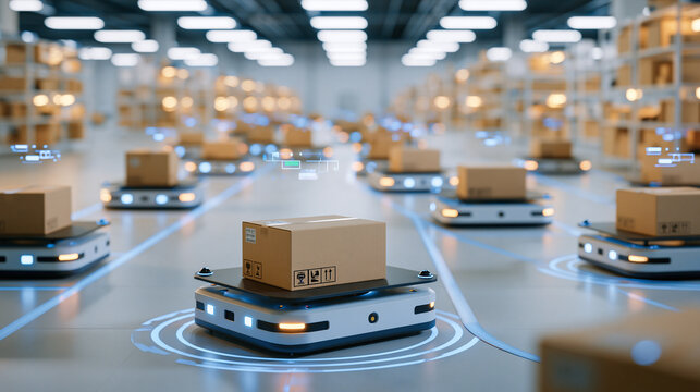 Elevated view of autonomous mobile robots carrying boxes on individual platforms within a clean warehouse layout clearly separated routes and small navigation sensors on each vehicle
