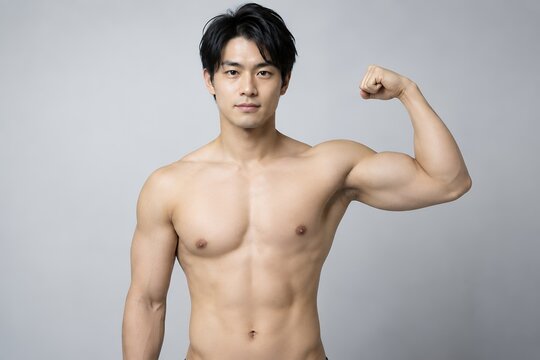 グレーの背景で上半身を裸にして片腕を曲げ力こぶを見せる筋肉質の若い男性