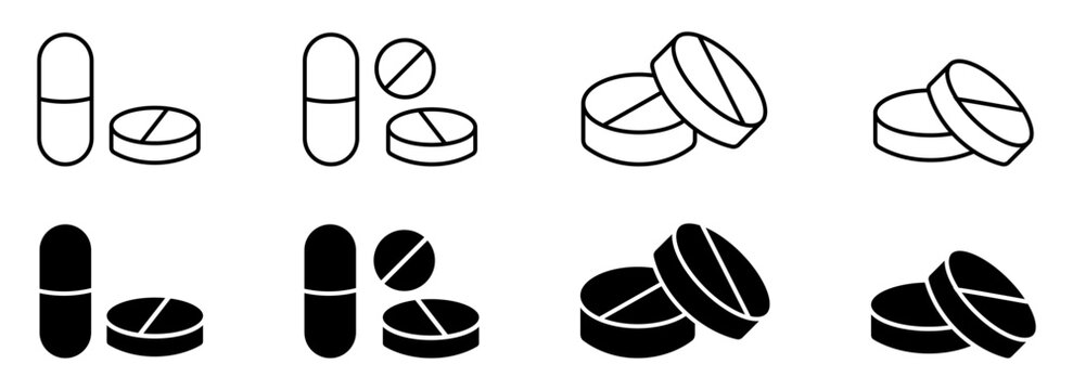 Medicine pill and capsule icon set for healthcare, pharmacy, medical, treatment and pharmaceutical design projects.