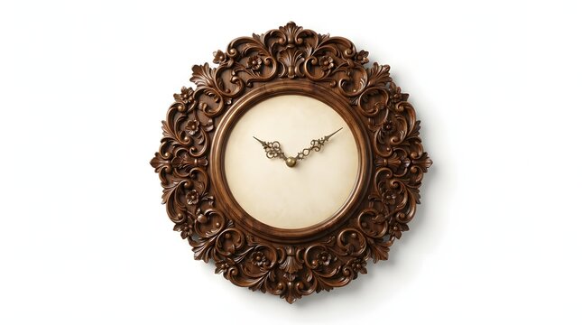 Ornate antique wall clock with a detailed wooden frame and a cream colored face isolated on a white background