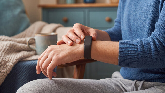 Wearable fitness tracker and health monitoring concept, mature woman touching smart band on wrist at cozy home with mug and knit blanket for heart rate check, sleep tracking and wellness