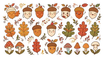 Obraz premium Cute Autumn Acorns and Leaves Characters, Fall Season Vector Illustrations