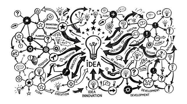 Creative Idea Generation Flowchart: Lightbulb, Brainstorming, Innovation, Strategy