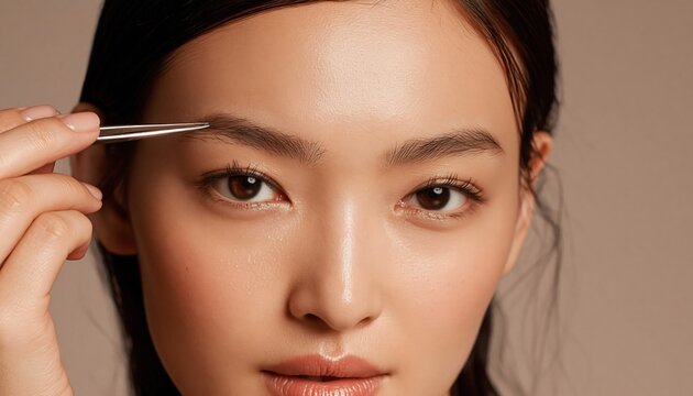 Asian woman tweezes her eyebrow in a close-up beauty portrait. Groomed brows and focused eyes fill the frame against a neutral backdrop. Facial care concept in beauty editorial.