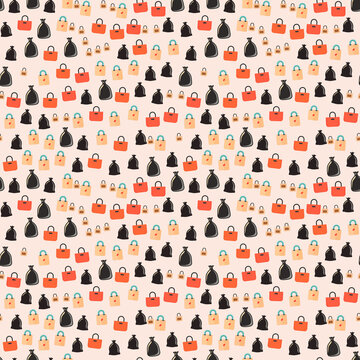 Seamless pattern of shopping bags, trash bags, and padlocks