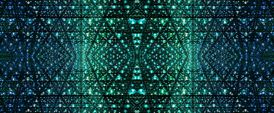 immersive space glowing geometric shapes, lights, and mirrors, geometric shapes floating nearby, abstract cosmic backdrop