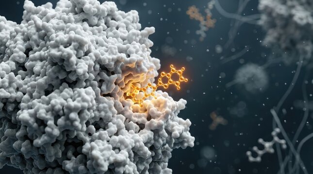 Close up of a protein molecule interacting with a small ligand drug compound in a scientific 3d visualization