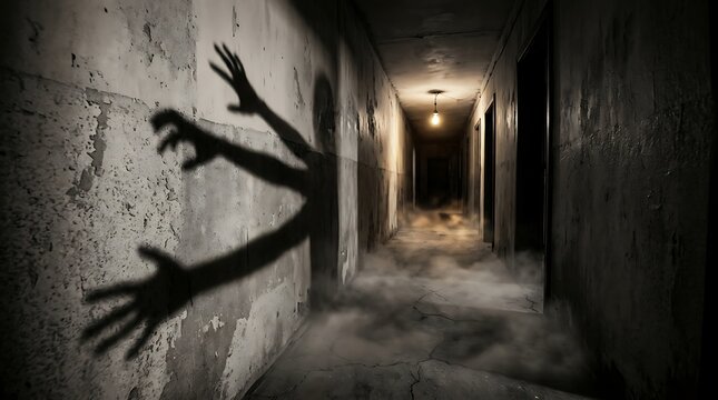 Spooky shadow of clawed hands on dark hallway wall with dim light and fog for horror themed concept.