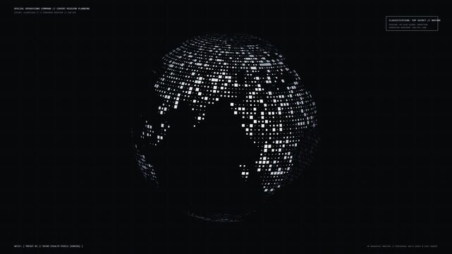 A 4k motion graphic of a digital radar tactical globe rotating on a dark background representing global network security and data