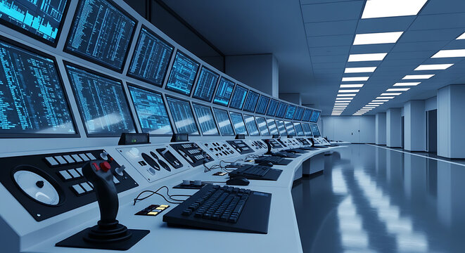 A wide view of a high-tech control room with multiple computer monitors displaying data streams, code, and graphs on a long white console desk