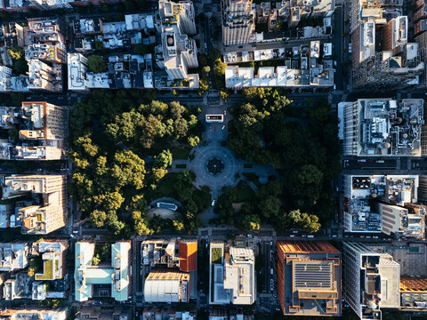 Aerial view of Washington Square Park and Manhattan skyline in New York City, USA.