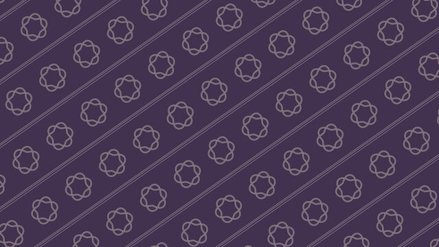 A muted purple surface carries delicate interlocking floral medallions and parallel diagonal bands, creating a sophisticated repeating design suitable for wallpaper, fabric, stationery, and packaging.