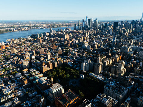 Aerial view of Washington Square Park and Manhattan skyline in New York City, USA.