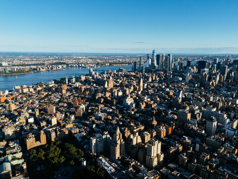 Aerial view of Washington Square Park and Manhattan skyline in New York City, USA.