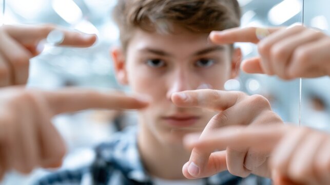 Framing a young man's face with fingers, creating a sense of focus or pressure. His expression is serious and direct