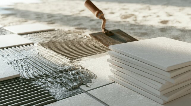 White ceramic floor tiles are being laid with adhesive and a trowel during home renovation. Ideal for construction, DIY, or home improvement project advertising.