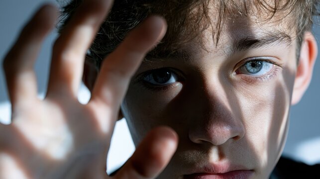 A young boy with striking heterochromia looks directly at the camera, his hand raised forward as if to shield himself or create distance. The lighting casts dramatic shadows across his face.