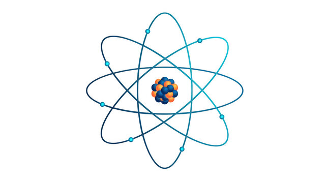Stylized atom model with orbiting electrons and central nucleus isolated on transparent background