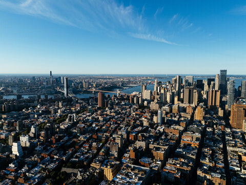 Aerial view of Washington Square Park and Manhattan skyline in New York City, USA.