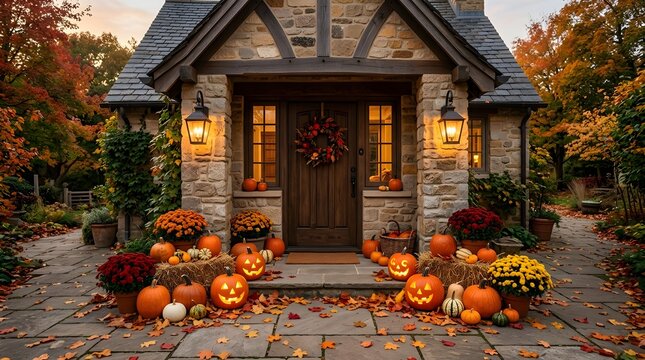Warm glowing cottage porch adorned with Halloween carved jack-o-lanterns