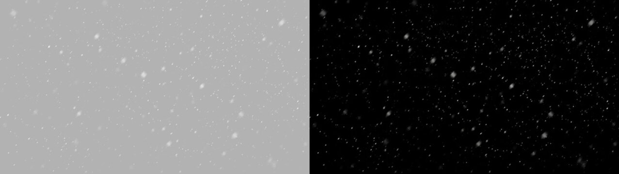 Falling snow overlay on transparent and black background. Realistic snowfall effect with depth for winter composite