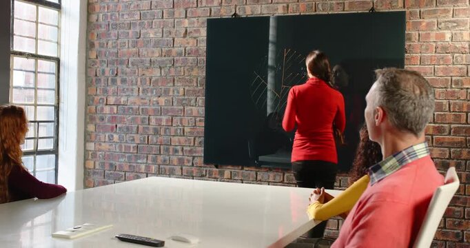 Lifestyle videos indoor of people doing activities at office, Presenting data on blackboard, woman l