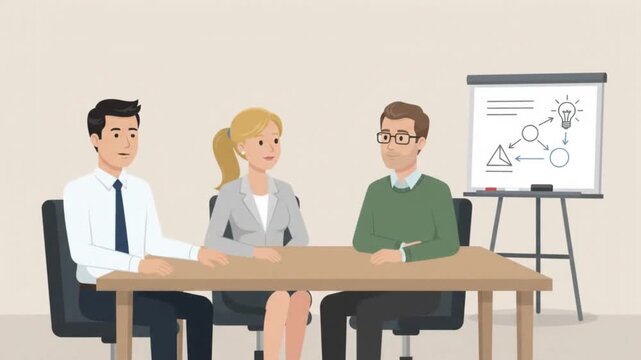 Office team meeting animation with colleagues discussing business strategy and pointing at a creative lightbulb idea diagram on a flipchart