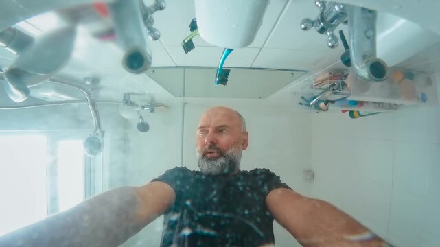 Tired bearded man leaning on bathroom sink and trying to wake up in morning, view from bottom of bathtub. Sleepy man resting arms on washbasin after waking. Everyday morning fatigue and home bathroom