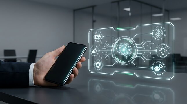 Mobile artificial intelligence and digital brain hologram emerging from smartphone on office table.   