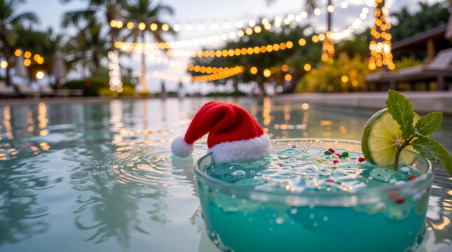 Tropical Christmas cocktail in resort pool with Santa hat floating and festive bokeh lights