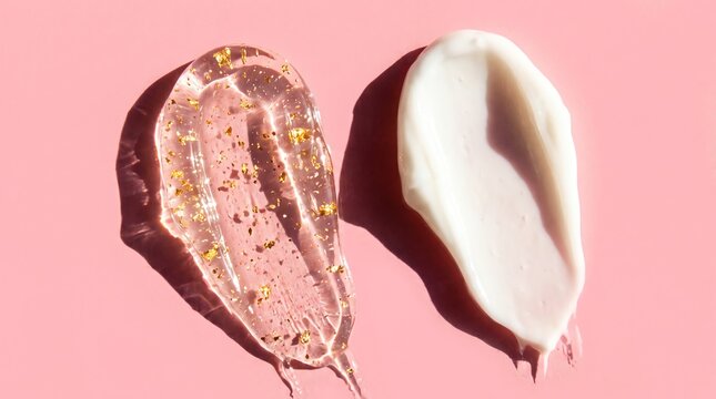 Professional beauty skincare product textures featuring a clear gel with gold particles and white moisturizer cream on a soft blush pink backdrop