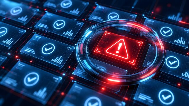Futuristic Digital Dashboard Displaying Critical Red Warning Alert Among Secure Network Nodes