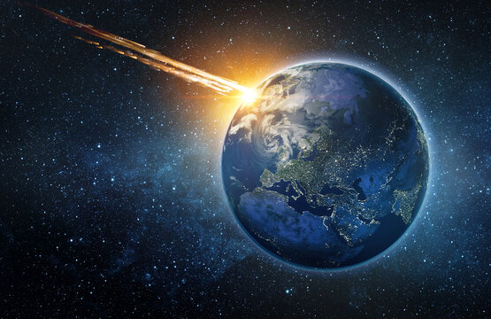 Comet, asteroid, meteorite flying to the planet Earth.  Glowing asteroid and tail of a falling comet threatening the safety of the Earth.  Elements of this image furnished by NASA.