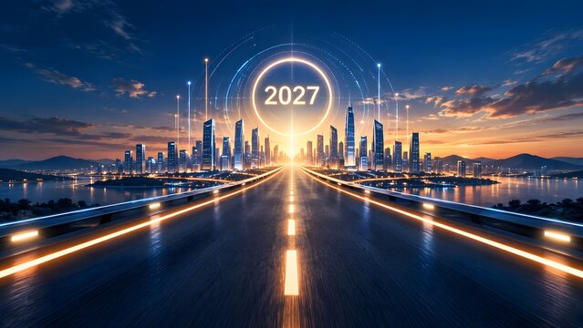 Glowing Highway Leading to Futuristic Smart City Skyline Highlighting 2027 Strategic Business Vision