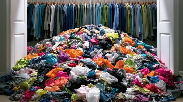 A massive, colorful pile of dirty laundry clutters a room in front of an open wardrobe. This image represents consumerism, overconsumption, or a daunting household chore.
