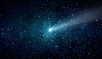 Comet, asteroid, meteorite flying on the background of the starry night sky. Glowing asteroid and tail of a falling comet. Elements of this image furnished by NASA. © Tryfonov