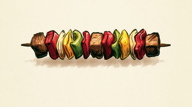 A vibrant hand-drawn illustration of a shish kebab with meat and colorful vegetables on a skewer. Perfect for summer BBQ, healthy eating, or restaurant menu designs.