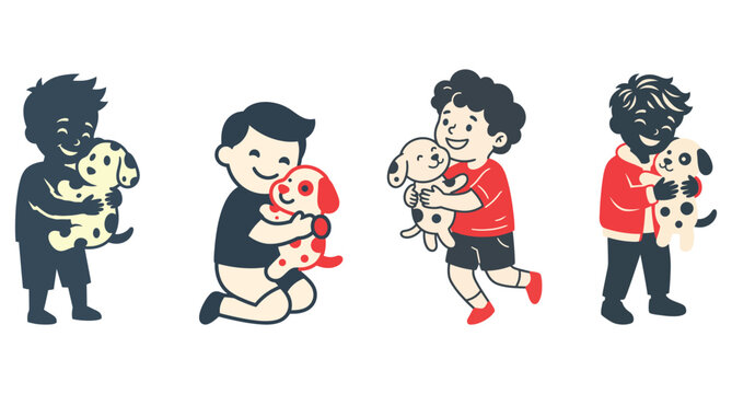 Set of four cartoon boys holding dalmation dogs in dark blue red and white color palette.