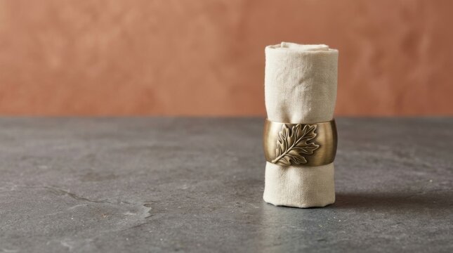 Thanksgiving Elegant napkin with golden leaf ring on gray table