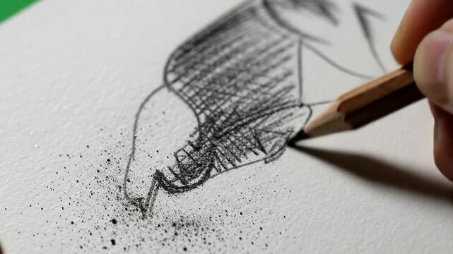 Close-up of artist hand sketching with graphite pencil on textured paper, detailed process and creative concept