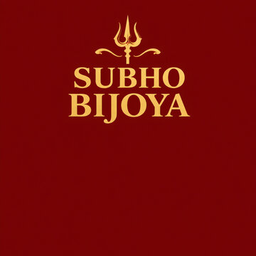 Subho bijoya greeting design featuring elegant golden typography and traditional trident symbol against a solid red background