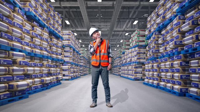 Full Body Of Asian Male Engineer With Safety Helmet Thinking And Looking Around Then Raising His Index Finger While Standing at Warehouse Stacked Cement Bags Pallets