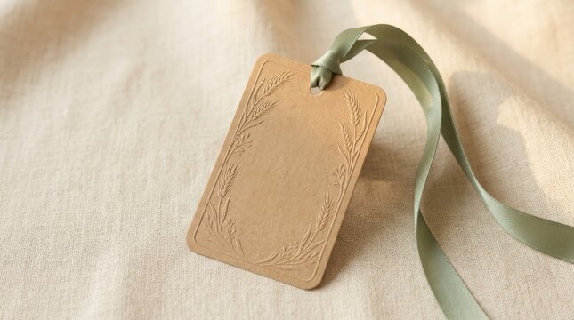 Thanksgiving Brown paper gift tag with green ribbon on beige fabric background