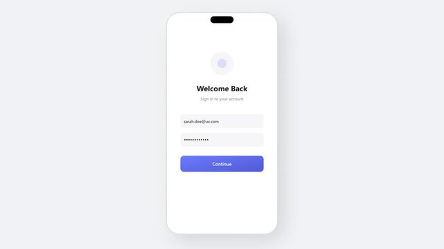 Minimalist mobile app login screen user interface design template with welcome back text and continue button