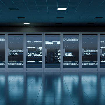 3D frontal server rack wall with bright data lights and polished floor