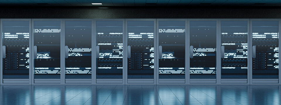 3D wide server cabinet lineup with cool blue data light and empty floor