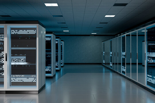 3D modern data center interior with freestanding racks and glass cabinet row
