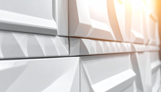 Geometric White Wall Texture: A close-up, abstract view of a modern white wall with a repeating geometric pattern, highlighted by soft.